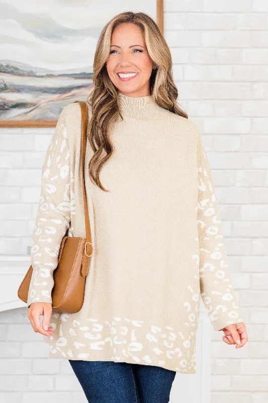 Time To Walk Away Sweater Tunic, Taupe-White