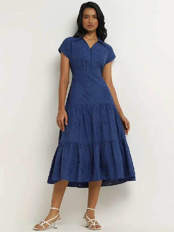 LOV Blue Schiffli Back Cotton Cut Out Dress