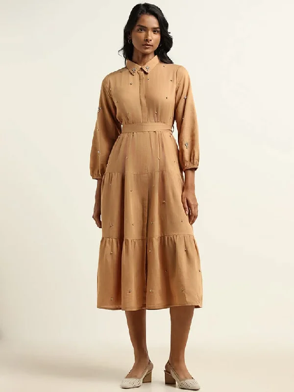 LOV Beige Embellished Blended Linen Dress with Belt