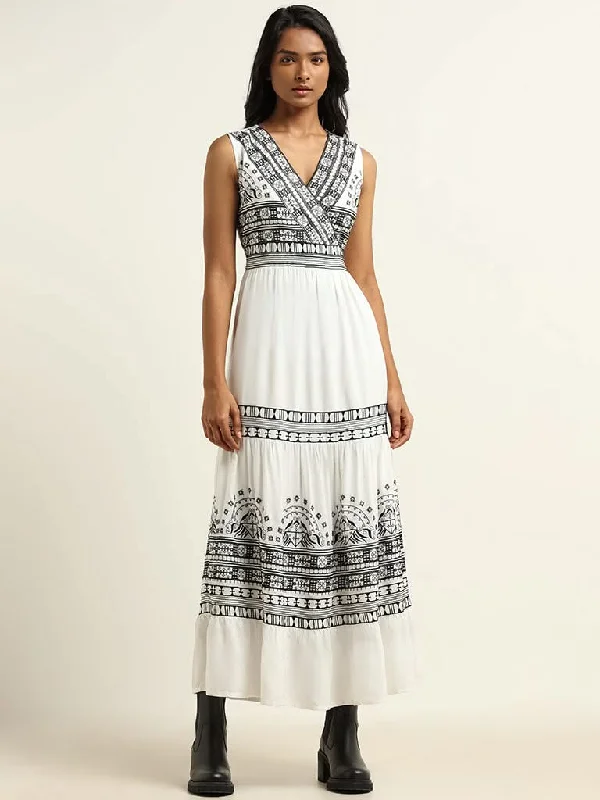 LOV Black and White Printed Cotton A-Line Dress