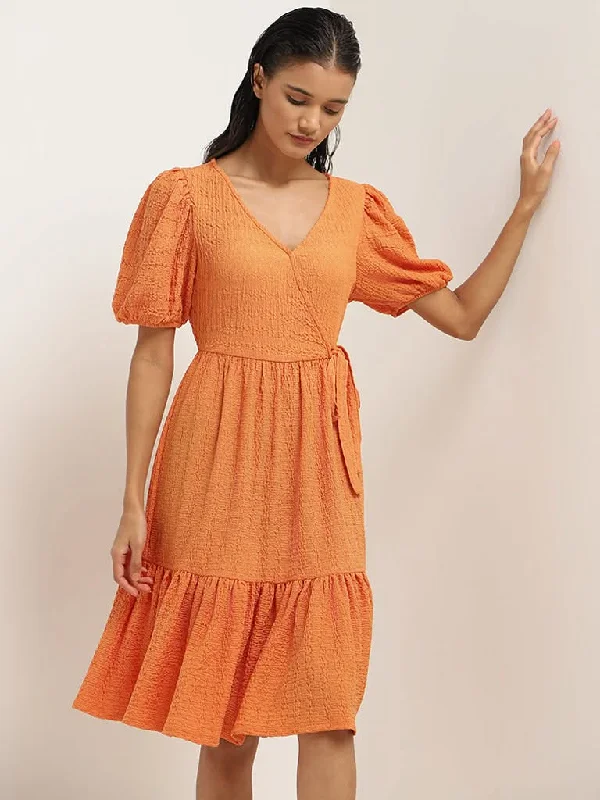 LOV Orange Self Patterned Tiered Dress