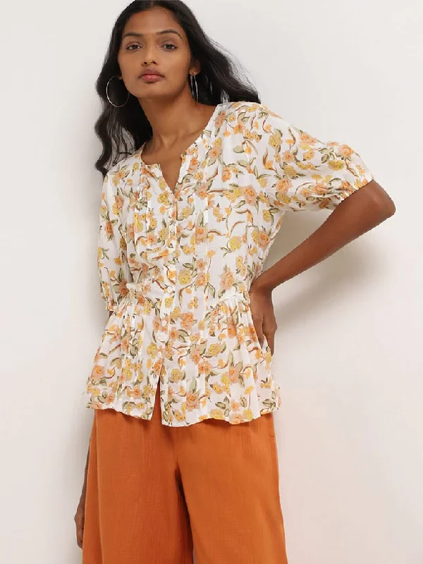 LOV Orange Floral Cotton Peplum Top