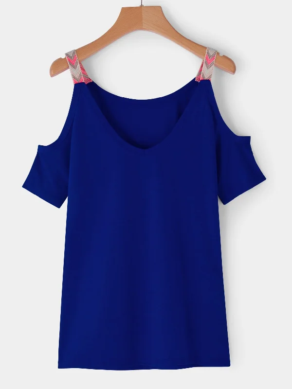 OEM ODM Cold Shoulder Deep V Neck Cut Out Short Sleeve Blue T-Shirts