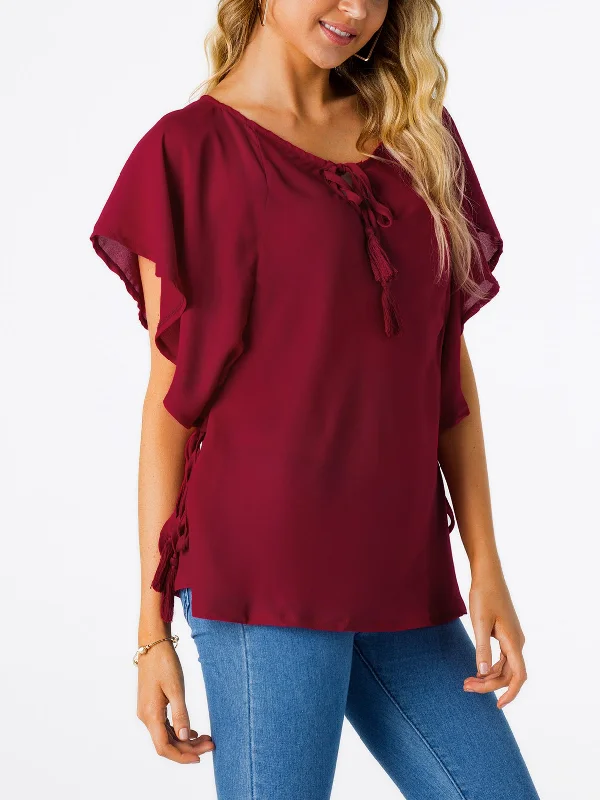 OEM ODM Round Neck Plain Lace-Up Cut Out Short Sleeve Burgundy T-Shirts