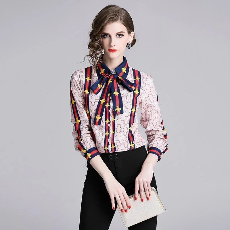 Elegant Silk Blouse Pink Bow Tie Women Shirt