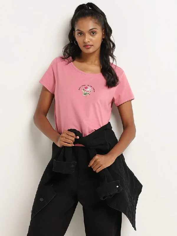 LOV Pink Printed Cotton T-Shirt