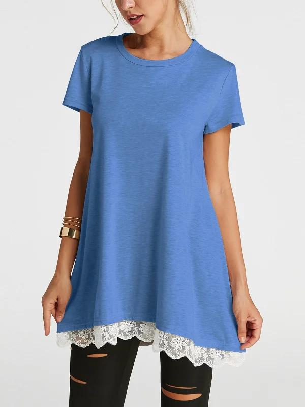 OEM ODM Round Neck Lace Short Sleeve Blue T-Shirts