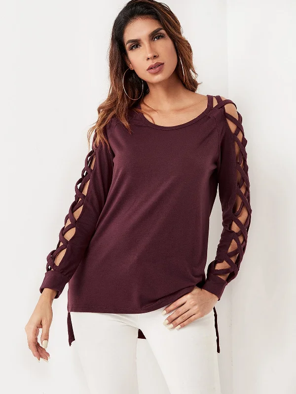 OEM ODM Round Neck Lace-Up Long Sleeve Burgundy T-Shirts