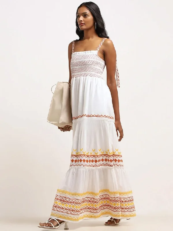 LOV White Embroidered Cotton Tiered Maxi Dress