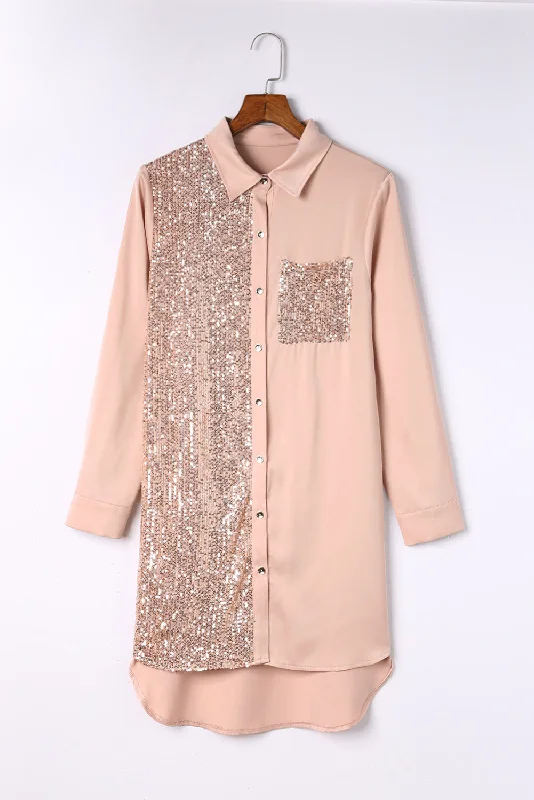 Sequin Button Front High-Low Shirt Dress