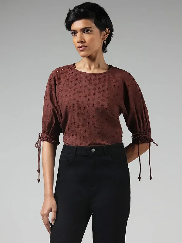 LOV Brown Cotton Schiffli Top