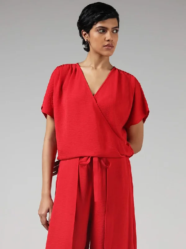 LOV Solid Red Cotton Crinkled Top