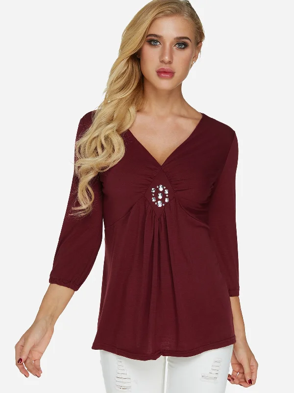 OEM ODM V-Neck Pleated Sequins Embellished 3/4 Sleeve Burgundy T-Shirts