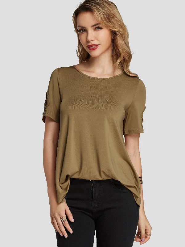 Custom Round Neck Plain Criss-Cross Short Sleeve Camel T-Shirts