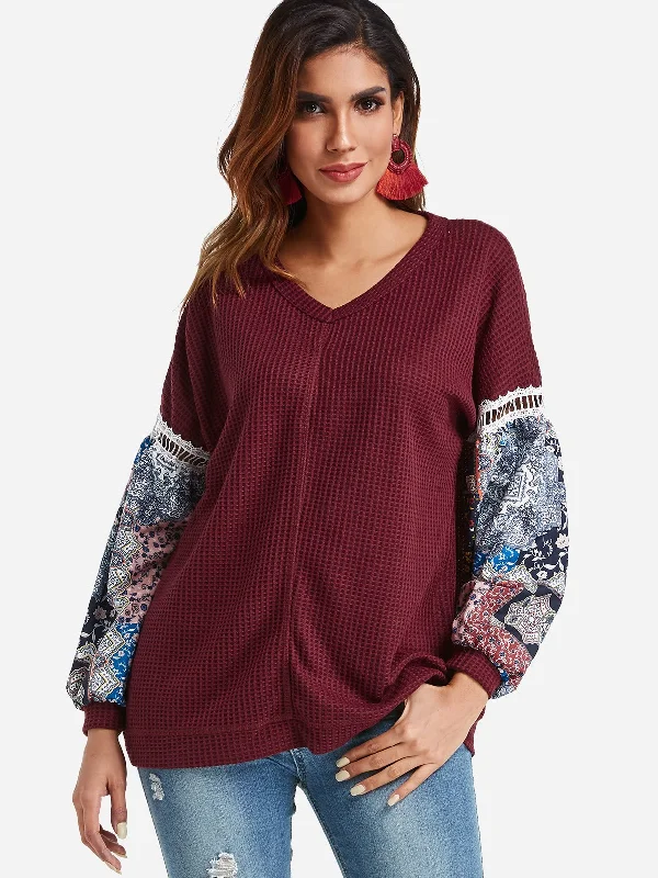 Custom V-Neck Floral Print Long Sleeve Top