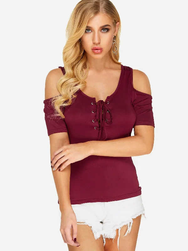 OEM ODM V-Neck Cold Shoulder Plain Lace-Up Short Sleeve Burgundy T-Shirts