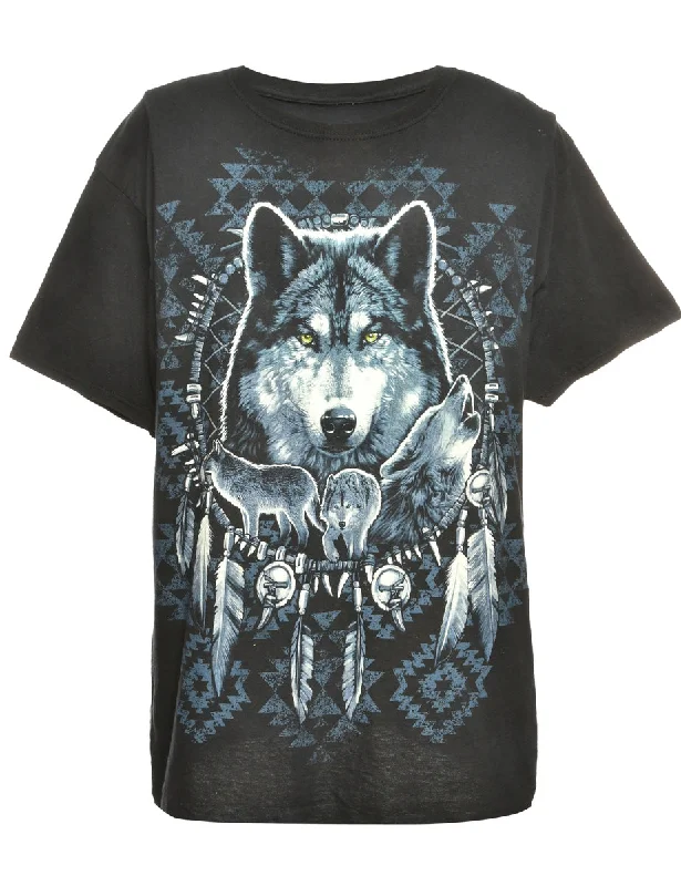 Wolf Print Black Animal T-shirt - M