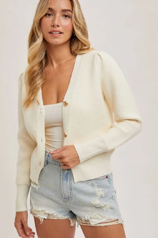 Button Down V-Neck Cardigan Cream