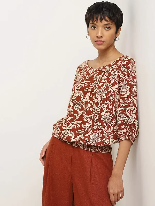 LOV Dark Rust Printed Blended Linen Top