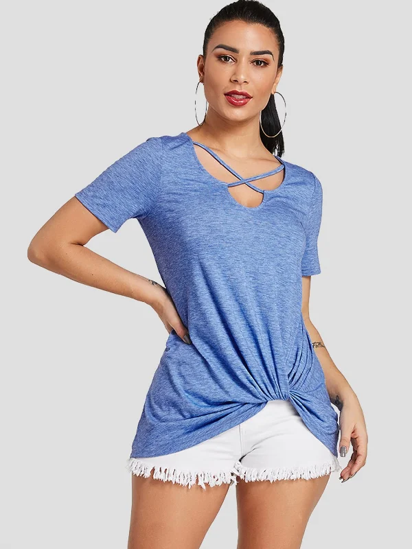 Custom Crossed Collar Twist Short Sleeve Blue T-Shirts