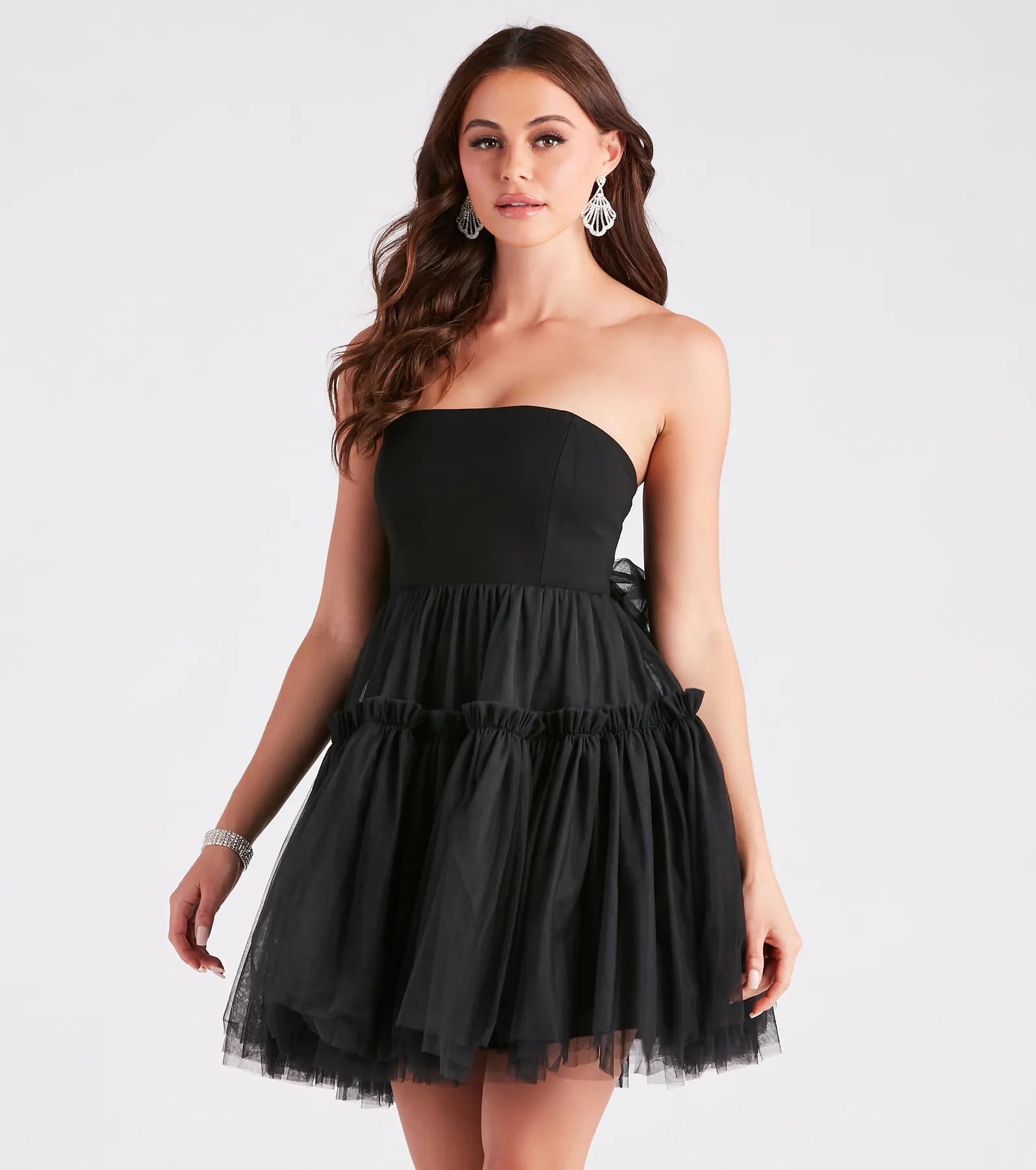 She's Iconic Strapless Ruffled Tulle Skater Dress