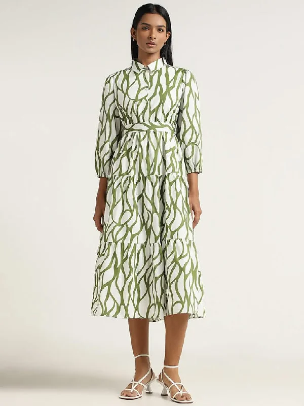 LOV Olive Printed Cotton Midi Dress with Belt