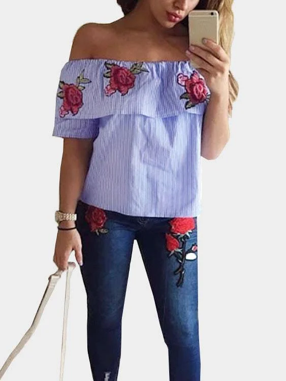 Custom Off The Shoulder Stripe Embroidered Short Sleeve Blue Top