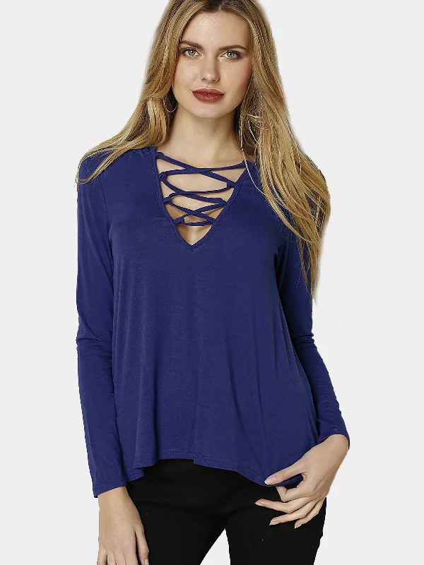 Wholesale V-Neck Long Sleeve Blue T-Shirts