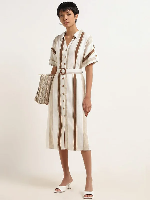 LOV Beige Belted Blended Linen Shirt Dress