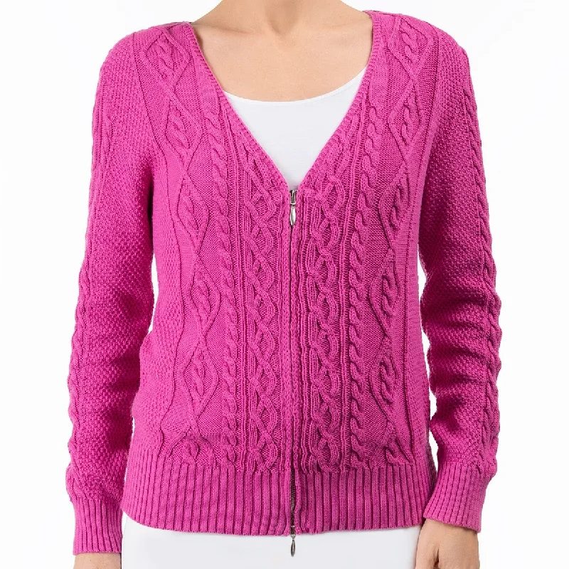 Cotton Cable Zip Cardigan in Fuxia