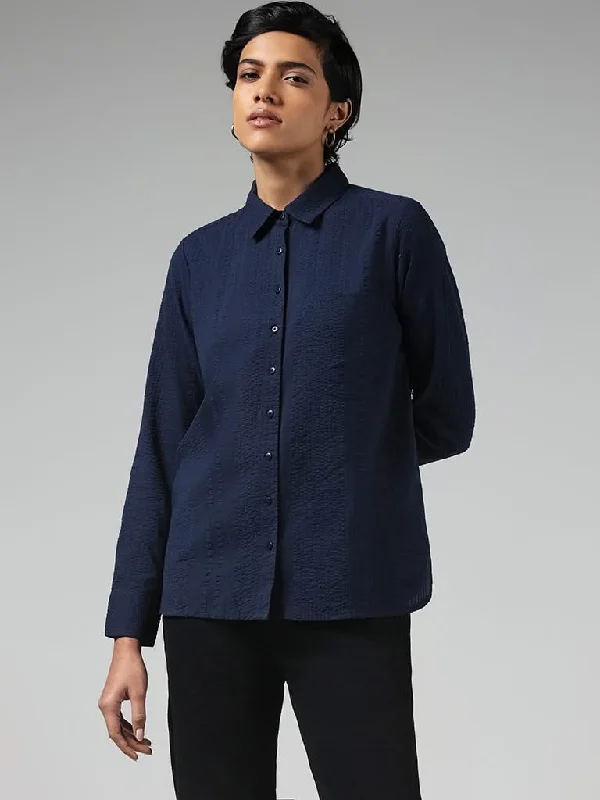 LOV Navy Cotton Crinkled Shirt