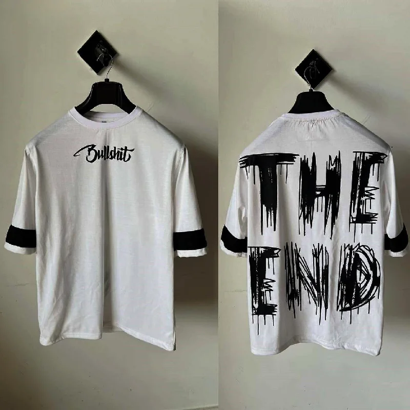 Front Back THE END Print White Color Drop Shoulder Tee ( UNISEX )