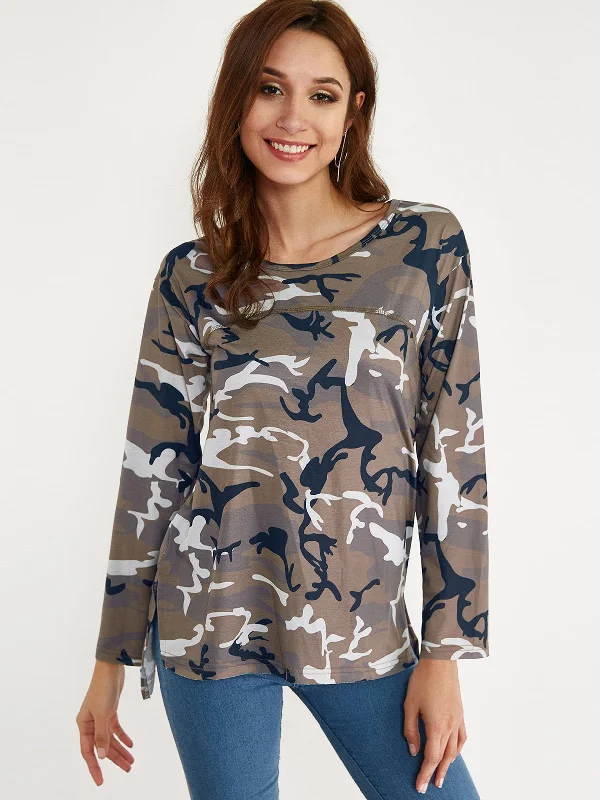 Wholesale Round Neck Camouflage Long Sleeve Slit Hem Camo T-Shirts