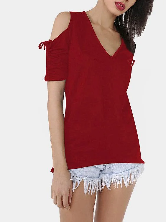 Wholesale V-Neck Cold Shoulder Short Sleeve Burgundy T-Shirts