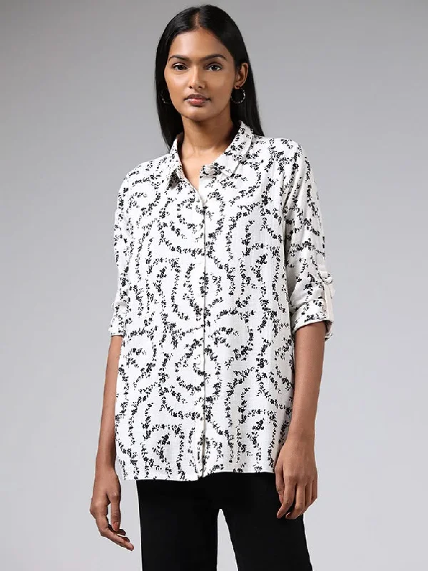 LOV Off White Floral Blended Linen Shirt