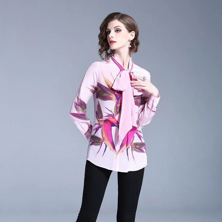 Women Chiffon Blouse Pink Bow Tie Blouse