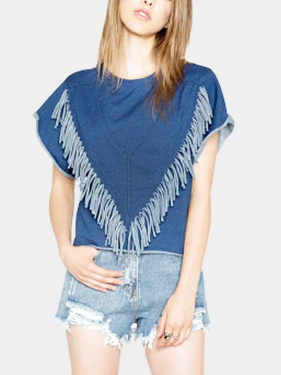 Custom Round Neck Tassel Blue T-Shirts