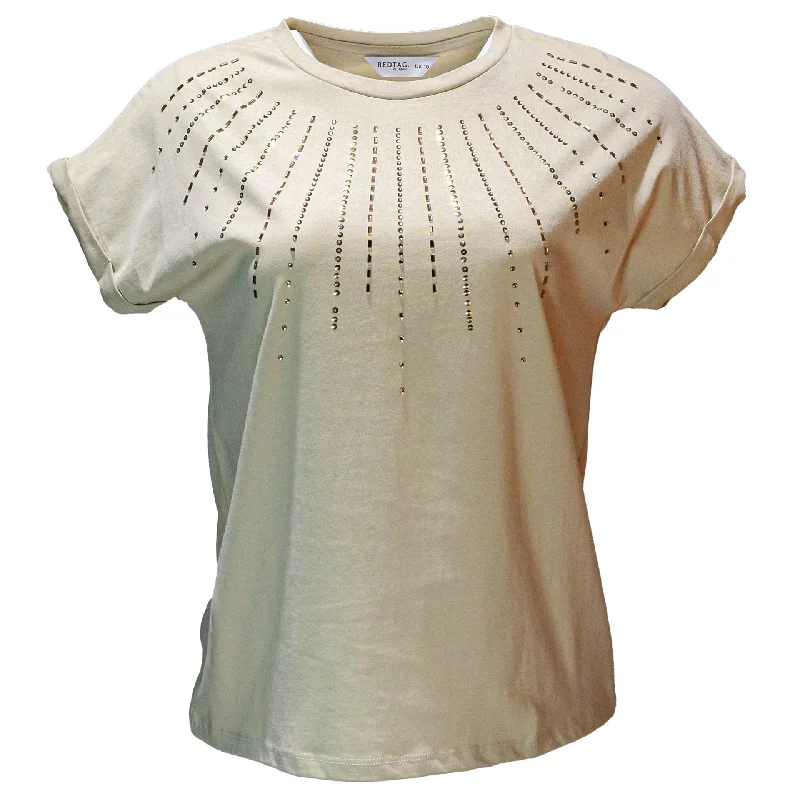 Beige Rolled Sleeves With Embellishement T Shirt