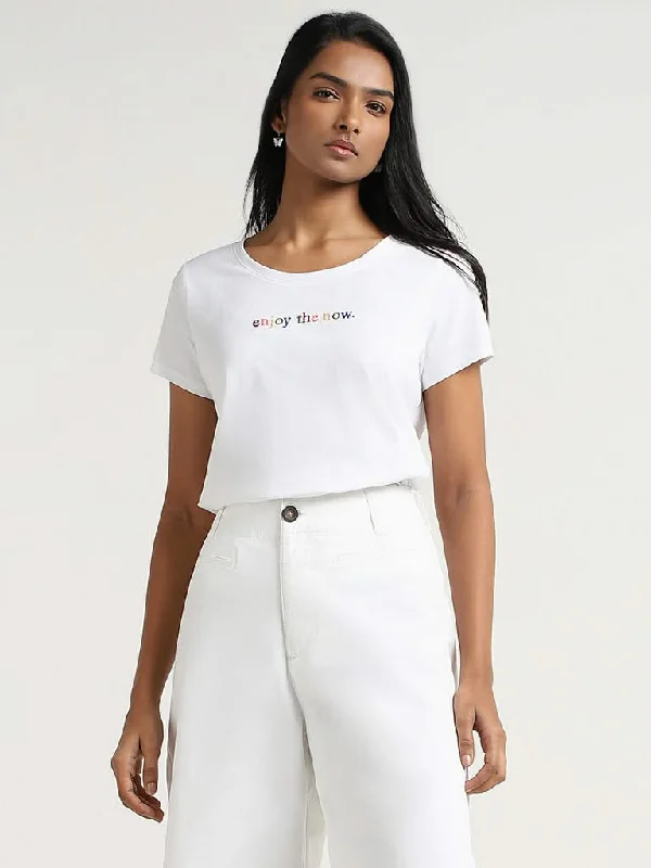 LOV White Contrast Printed Cotton T-Shirt