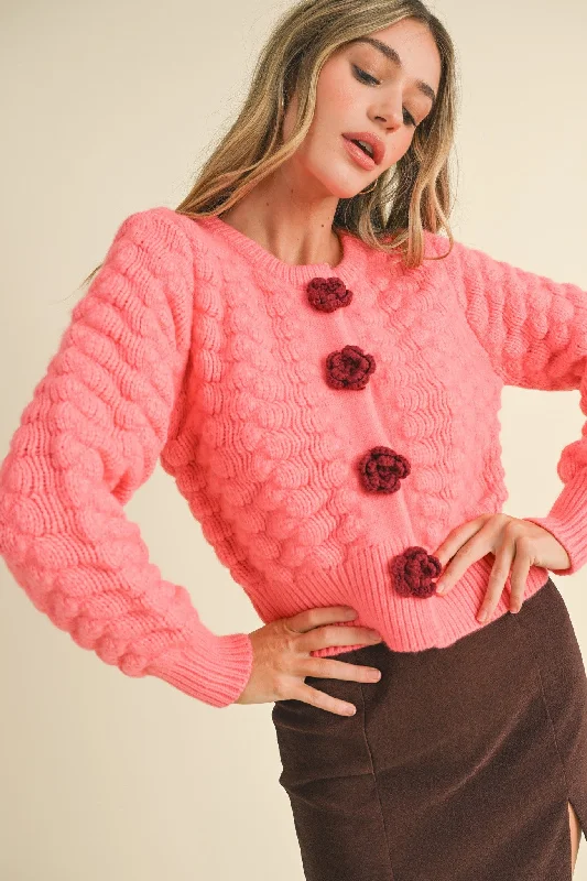 Marcy Textured Sweater Cardigan with Rosette Detail