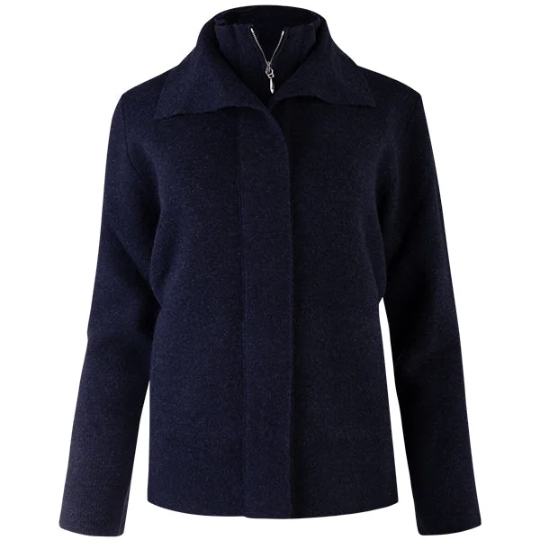 Double Collar Zip Front Cardigan in Dark Navy