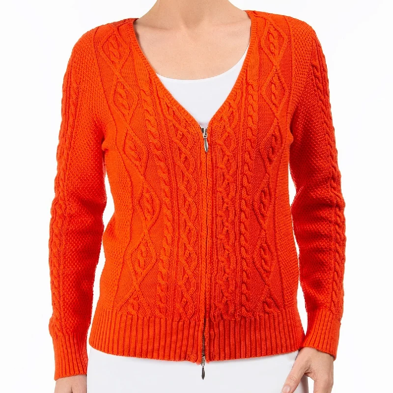 Cotton Cable Zip Cardigan in Mandarino