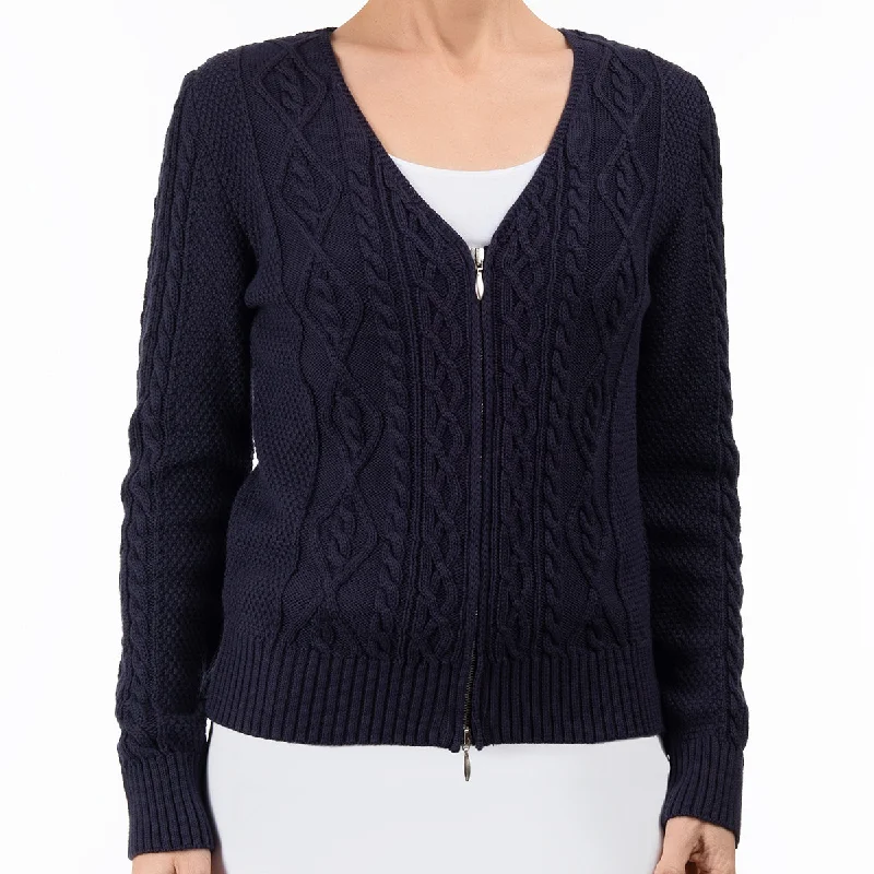 Cotton Cable Zip Cardigan in Navy