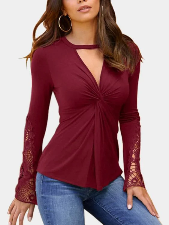 Wholesale Lace Insert Twist Knot Design V-Neck Long Sleeves Top