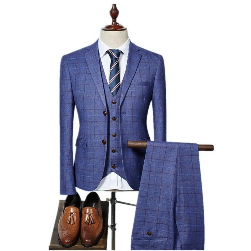 Suit Men's High quality Mens Suits Grid Stripe Suit Slim Fit Suit