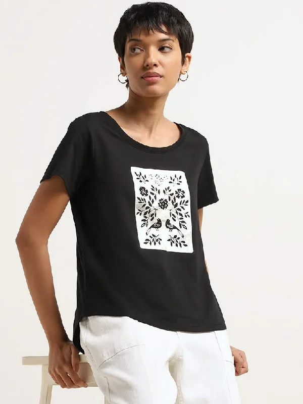 LOV Black Patch Printed Cotton T-Shirt