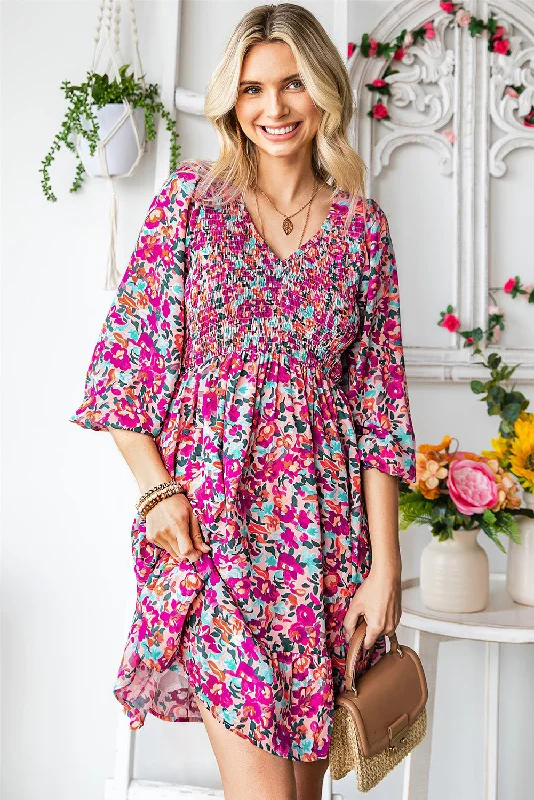 Floral Smocked V-Neck Flounce Sleeve Dress