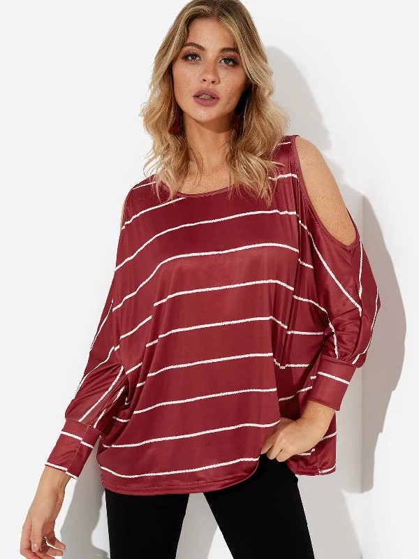 Custom Crew Neck Cold Shoulder Stripe Cut Out Long Sleeve Top