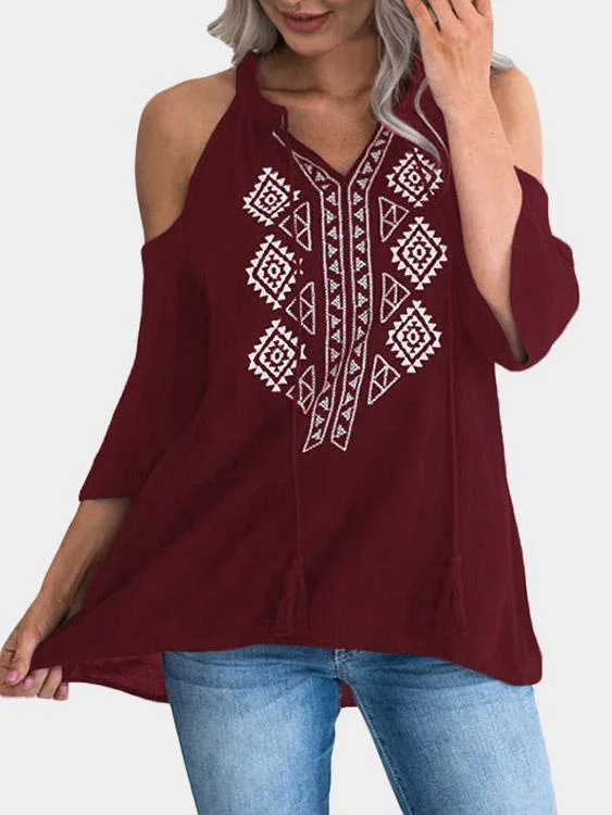 Custom V-Neck Cold Shoulder Printed 3/4 Sleeve T-Shirts