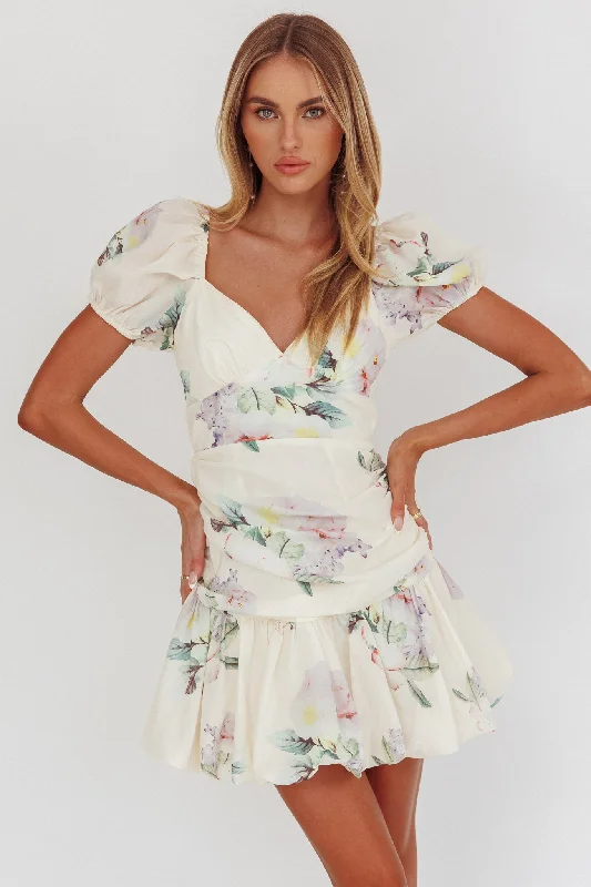 Annabella Puff Sleeve Tied Back Mini Dress Floral Butter